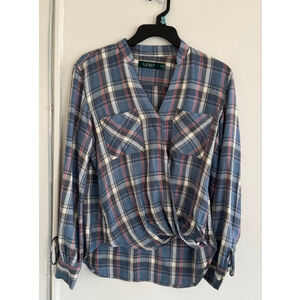 Lauren Ralph Lauren plaid long-sleeve blouse with V-neck and twist-front size S